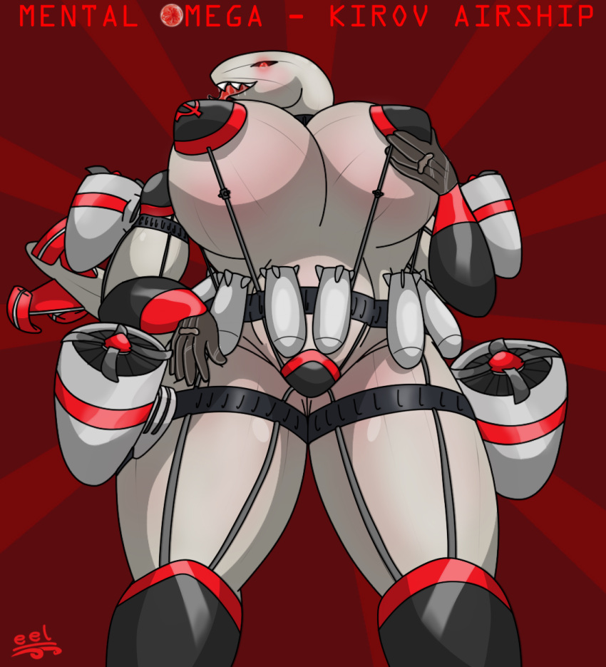2022 aircraft aircraft_humanoid airship anthro armor belt big_breasts bodily_fluids boots bracers breasts clothing collar command_and_conquer digital_drawing_(artwork) digital_media_(artwork) eel_(artist) english_text explosives female footwear gloves grey_body grey_skin hand_on_hip handwear hi_res holding_breast huge_breasts kirov_airship leather leather_clothing leather_gloves leather_handwear living_aircraft living_machine living_vehicle low-angle_view machine mental_omega propeller red_alert_(series) red_eyes russian saliva saliva_on_tongue sharp_teeth shoulder_pads simple_background solo soviet_union teeth text thick_thighs thigh_strap tongue tongue_out unconvincing_armor vehicle wide_hips yuri's_revenge