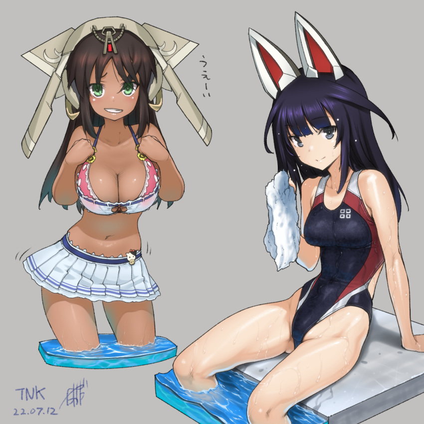 2girls agatsuma_kaede alice_gear_aegis ass_visible_through_thighs bangs bare_shoulders black_eyes black_hair blunt_bangs breasts brown_hair cleavage competition_swimsuit dark-skinned_female dark_skin green_eyes grey_background grin headgear highres kaneshiya_sitara long_hair multiple_girls navel one-piece_swimsuit pleated_skirt simple_background sitting skirt smile soaking_feet swimsuit takada_kazuhiro towel wading