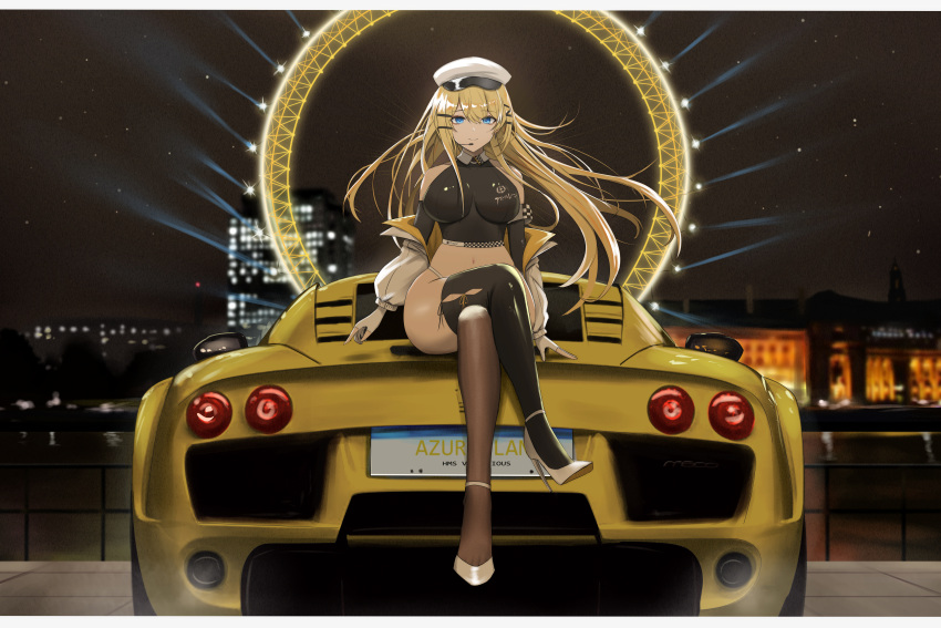 1girl absurdres alternate_costume azur_lane bangs bare_shoulders black_bodysuit black_thighhighs blonde_hair blue_eyes bodysuit breasts brown_thighhighs building car character_name city_lights closed_mouth copyright_name crop_top crossed_legs earrings fingerless_gloves full_body gloves ground_vehicle hair_ornament hairclip hat headset high_heels highres jacket jacket_pull jewelry kcar66t london london_eye long_hair looking_at_viewer medium_breasts motor_vehicle navel night noble_(car_manufacturer) noble_m600 open_clothes open_jacket peaked_cap product_placement race_queen real_world_location sitting sitting_on_car skin_tight smile solo sports_car thighhighs thighs victorious_(azur_lane) white_footwear white_gloves white_headwear white_jacket