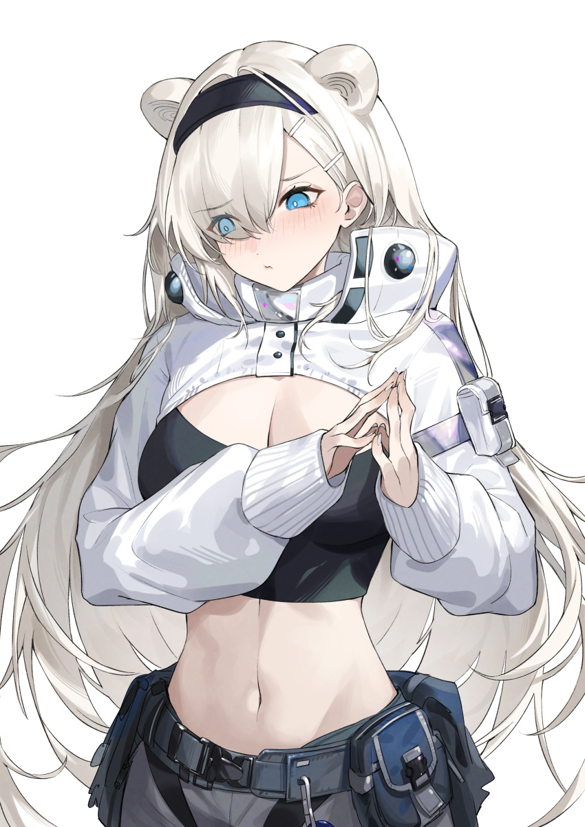 1girl absurdres animal_ears arknights aurora_(arknights) bangs bear_ears black_hairband black_shirt blue_eyes blush breasts cleavage crop_top hair_over_one_eye hairband highres krin large_breasts long_hair long_sleeves midriff navel own_hands_together pouch shirt shrug_(clothing) simple_background solo steepled_fingers stomach upper_body very_long_hair white_background white_hair