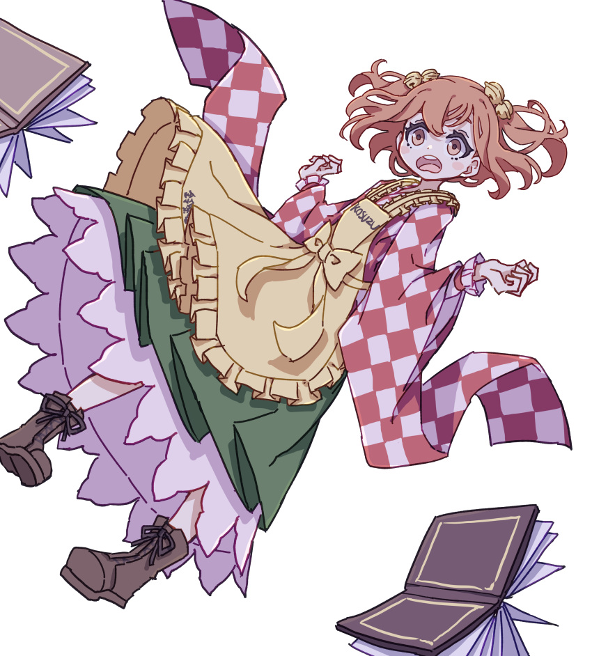 1girl :o absurdres apron bell blush_stickers book character_name checkered clothes_writing falling hair_bell hair_ornament highres japanese_clothes kame_(kamepan44231) kimono motoori_kosuzu open_mouth red_eyes red_hair romaji_text short_hair simple_background solo touhou twintails two_side_up white_background