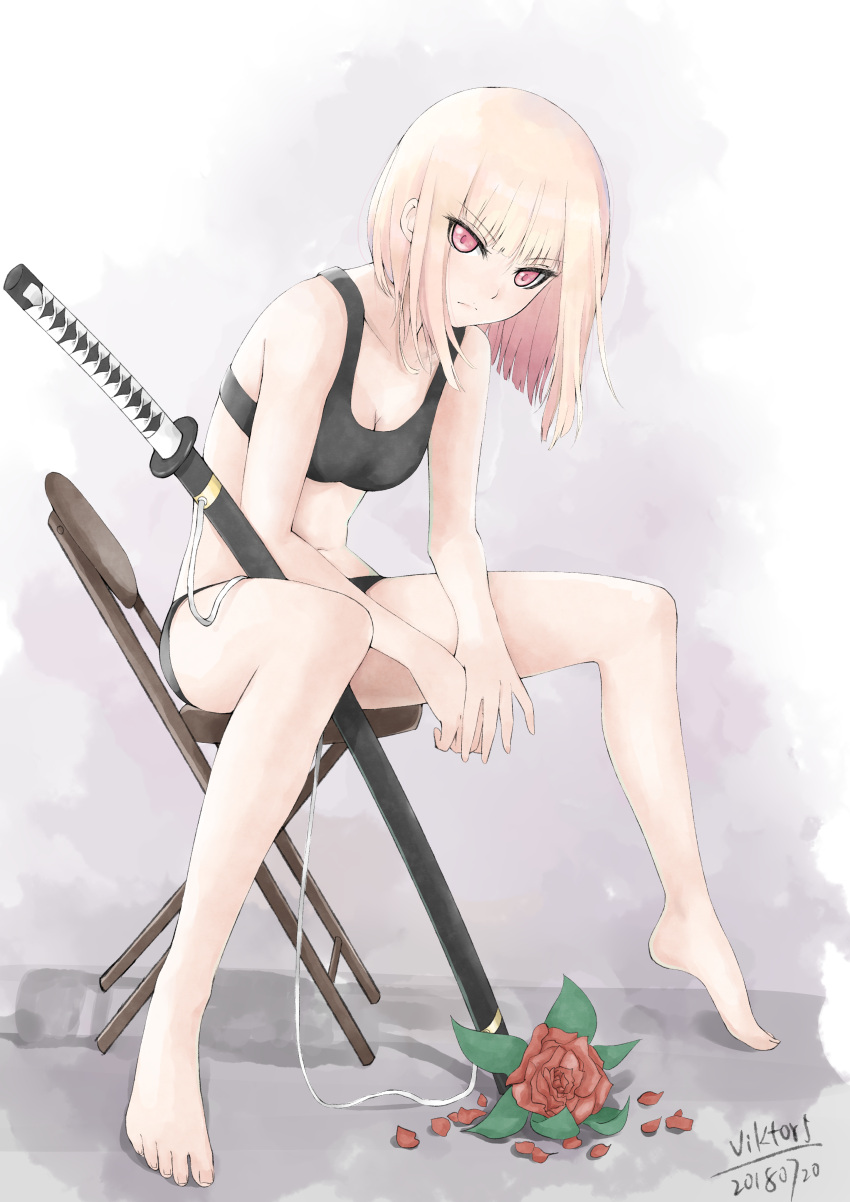 1girl 2018 absurdres arms_between_legs artist_name bangs bare_arms bare_legs bikini black_bikini blonde_hair blunt_bangs breasts cleavage closed_mouth collarbone dated flower frown full_body highres katana long_hair looking_at_viewer medium_breasts original petals red_eyes red_flower sheath shiny shiny_hair sitting solo spread_legs straight_hair swimsuit sword viktorf weapon