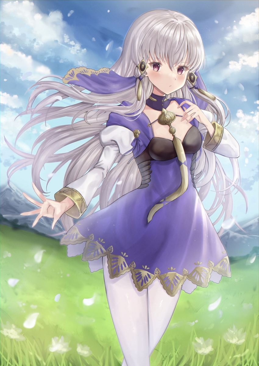 1girl blurry blush cloud cloudy_sky collar cowboy_shot depth_of_field dress fire_emblem fire_emblem:_three_houses grey_hair highres long_hair long_sleeves lysithea_von_ordelia outdoors pantyhose pink_eyes purple_dress serious sky solo veil very_long_hair white_pantyhose yui_(msy1302mana)