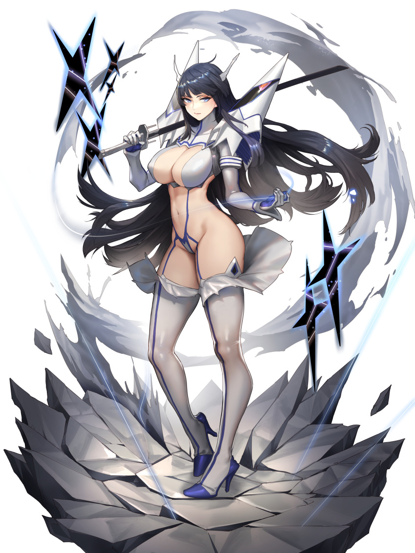 1girl absurdres armor bakuzan bangs bikini_armor black_hair blue_eyes blue_footwear breasts carrying_over_shoulder chinese_commentary closed_mouth commentary covered_nipples cracked_floor cross electricity eyelashes fake_horns floating_hair front-seamed_legwear full_body gloves groin hand_up headgear high_heels highres holding holding_sword holding_weapon horns jinlin junketsu kamui_(kill_la_kill) katana kill_la_kill kiryuuin_satsuki large_breasts light_smile long_hair looking_at_viewer magical_girl navel outstretched_hand revealing_clothes revision seamed_legwear shards shoulder_armor shrug_(clothing) simple_background skin_tight smoke solo standing stiletto_heels string sword thighhighs very_long_hair weapon white_background white_gloves white_thighhighs
