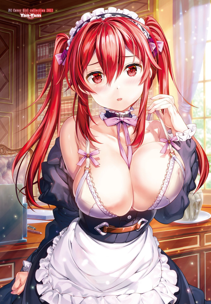 1girl :o apron arm_at_side artist_name bangs bare_shoulders black_choker black_dress blush book book_stack bookshelf bow bowtie bra breasts choker cleavage collarbone comic_penguin_club covered_nipples dress eyelashes frilled_apron frilled_choker frills hair_between_eyes hair_bow hand_up highres indoors lace-trimmed_bra lace_trim large_breasts library long_hair long_sleeves looking_at_viewer maid maid_apron maid_headdress open_mouth original pen pink_bow pink_nails plant plate potted_plant puffy_sleeves pulled_by_self purple_bow purple_bowtie red_eyes red_hair sidelocks solo standing strap_pull table twintails underwear very_long_hair waist_apron white_apron white_bra yan-yam