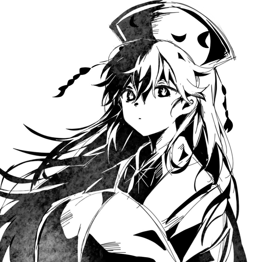 1girl bangs closed_mouth fiery_pupils hair_between_eyes hands_in_opposite_sleeves headdress junko_(touhou) long_hair looking_at_viewer maisuiren monochrome simple_background solo symbol-shaped_pupils touhou upper_body