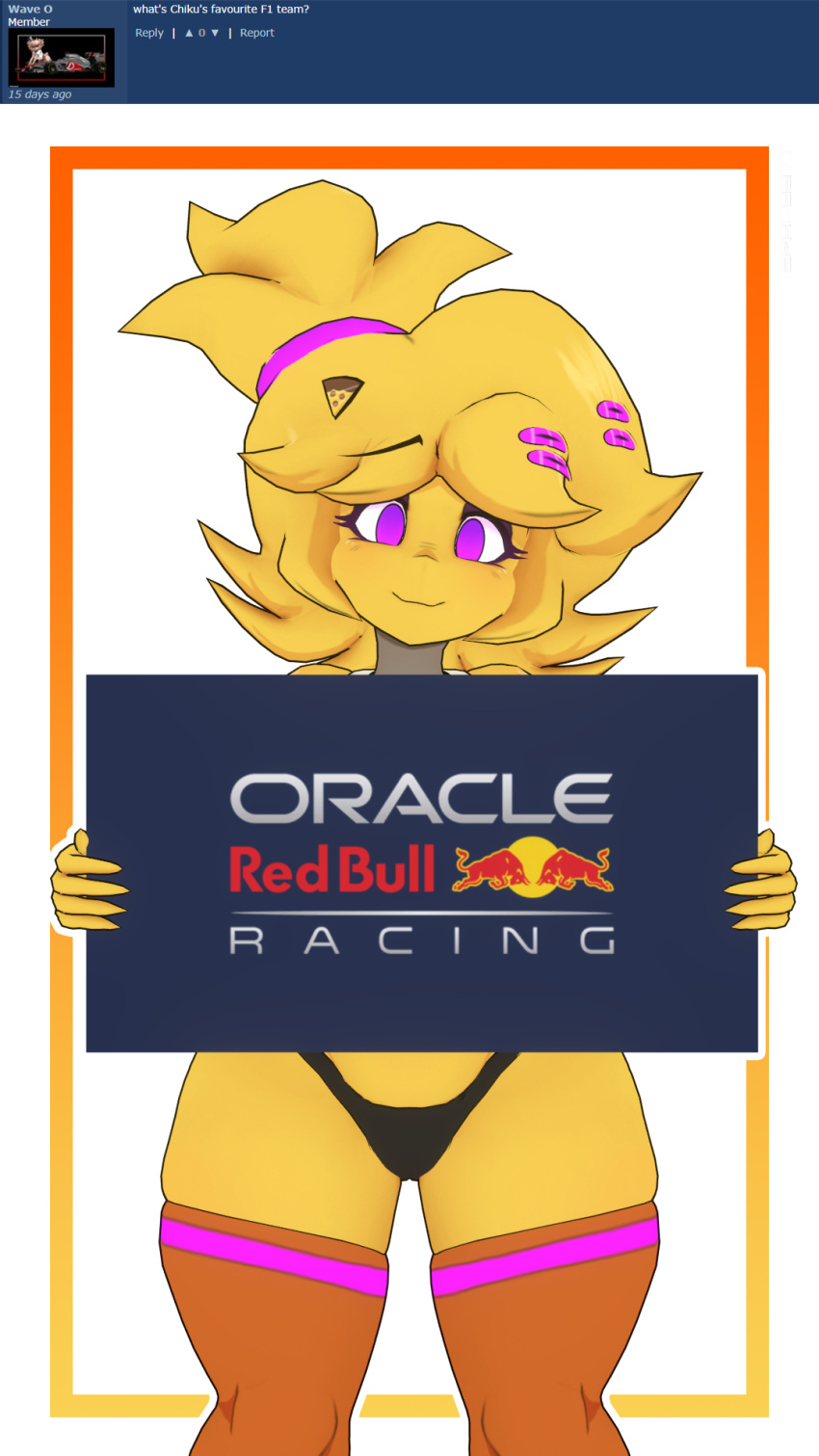 avian bird blonde_hair chica_(cally3d) chica_(fnaf) chicken clothing comment female five_nights_at_freddy's formula_1 formula_1_car freddy_(fnaf) fredina's_nightclub fredina_(cally3d) galliform gallus_(genus) hair hi_res holding_object holding_sign legwear looking_at_viewer mammal orange_clothing orange_legwear orange_stockings phasianid pink_hairband prykez purple_eyes question red_bull scottgames sign smile smiling_at_viewer solo stockings thong underwear ursid video_games yellow_body