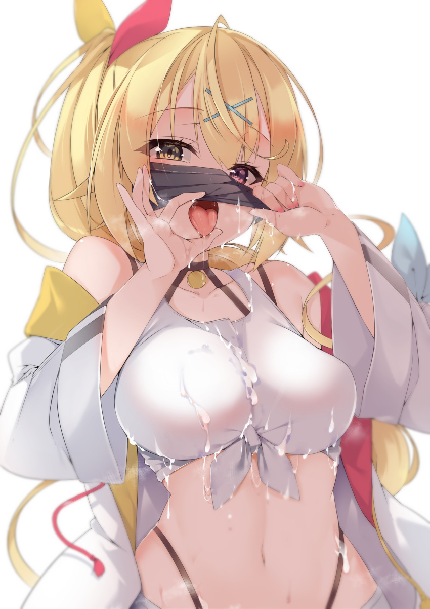 1girl absurdres after_fellatio bangs bare_shoulders blonde_hair blush bra breasts commentary cum cum_on_body cum_on_breasts cumdrip facial hair_ornament hair_ribbon heterochromia highres hoshikawa_sara jacket large_breasts lifted_by_self long_hair long_sleeves looking_at_viewer mask mask_lift mouth_mask nail_polish navel nijisanji off_shoulder open_clothes open_jacket open_mouth puffy_sleeves red_eyes red_nails red_ribbon ribbon saliva sasakura shirt side_ponytail simple_background solo standing steam steaming_body stomach sweat thong tongue tongue_out underwear virtual_youtuber white_background white_bra white_jacket x_hair_ornament yellow_eyes