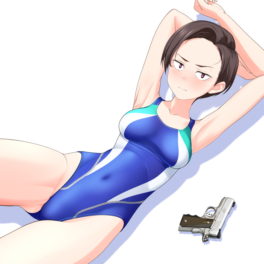 1girl absurdres blue_swimsuit brown_eyes brown_hair commentary_request competition_swimsuit forehead gun handgun harukawa_fuki highres lycoris_recoil lying m1911 multicolored_clothes multicolored_swimsuit one-piece_swimsuit short_hair simple_background solo swimsuit takafumi weapon weapon_request white_background