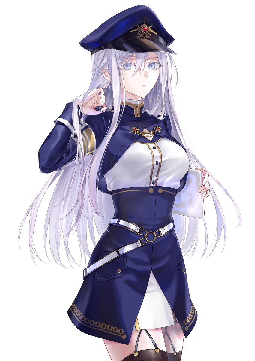 1girl 86_-eightysix- absurdres black_thighhighs blue_hat breasts feet_out_of_frame garter_straps grey_eyes grey_hair hand_in_own_hair hat highres holding holding_paper long_hair long_sleeves looking_at_viewer medium_breasts military military_hat military_uniform open_mouth paper parted_lips peaked_cap solo standing suprii thighhighs uniform vladilena_millize white_background