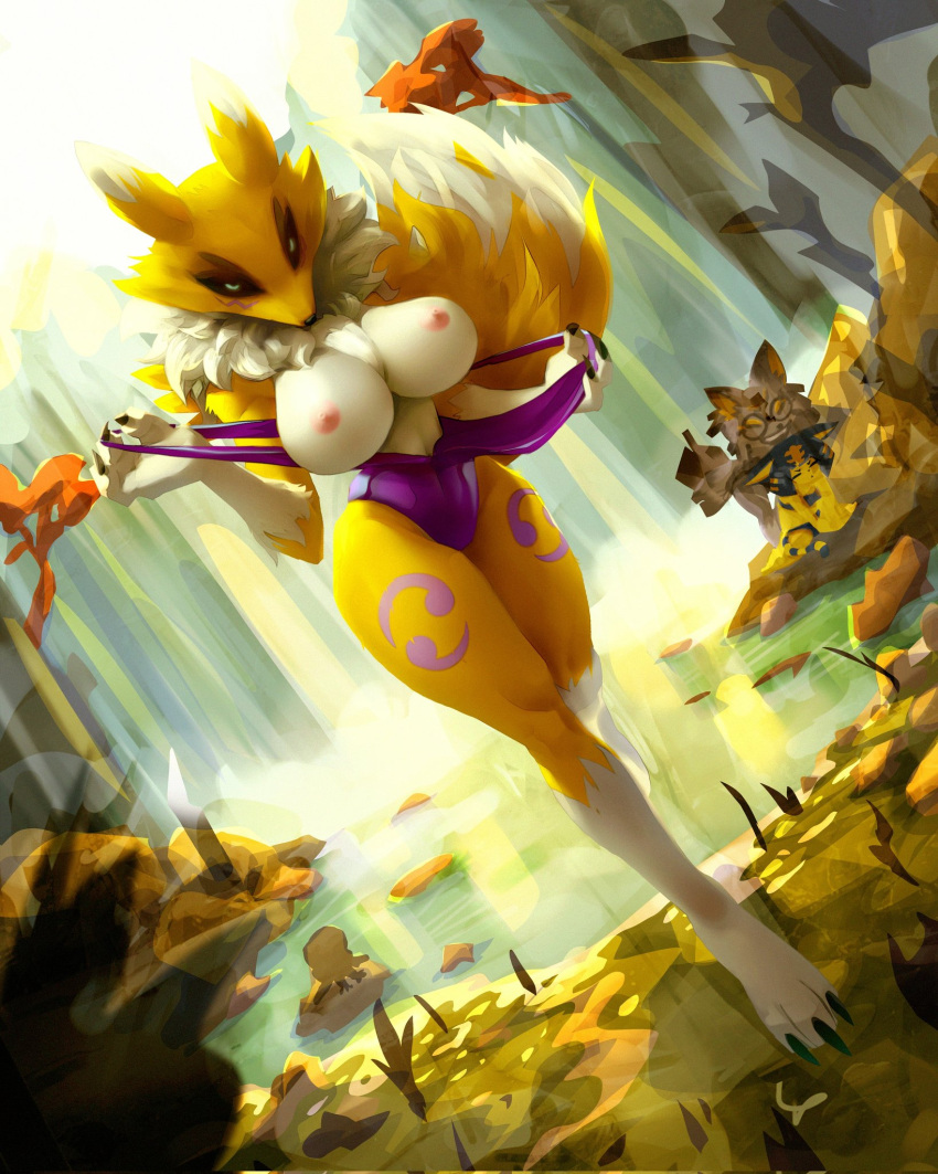 2022 3_fingers 3_toes anthro bandai_namco big_breasts breasts chest_tuft claws clothing digimon digimon_(species) dipstick_tail feet female fennyfart fingers forest fur glade hi_res markings multicolored_body multicolored_fur neck_tuft one-piece_swimsuit plant renamon solo swimwear tail_markings toes tree tuft two_tone_body two_tone_fur undressing water white_body white_fur yellow_body yellow_fur