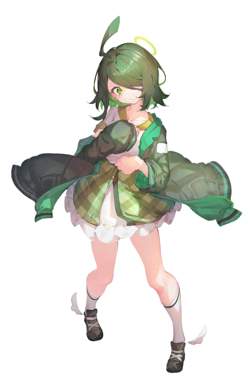 1girl absurdres ahoge bangs closed_mouth frilled_skirt frills full_body green_eyes green_jacket green_skirt grey_hair hair_over_one_eye halo highres jacket kneehighs long_sleeves medium_hair mishuo_(misuo69421) off_shoulder open_clothes open_jacket original shirt shoes short_sleeves simple_background skirt socks solo tearing_up white_background white_shirt white_socks