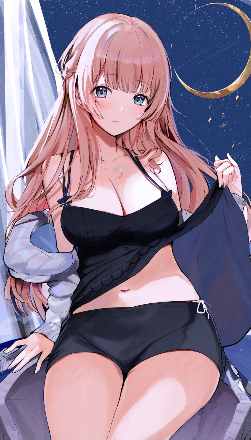1girl absurdres alternate_hairstyle bangs blue_eyes blunt_bangs blush breasts cleavage closed_mouth clothes_lift collarbone commentary cowboy_shot crescent_moon curtains half_updo highres jacket light_brown_hair long_hair looking_at_viewer medium_breasts midriff_peek mochizuki_honami moon navel off_shoulder project_sekai shirt shirt_lift short_shorts shorts sky sleeveless sleeveless_shirt smile solo star_(sky) starry_sky tomura2maru window