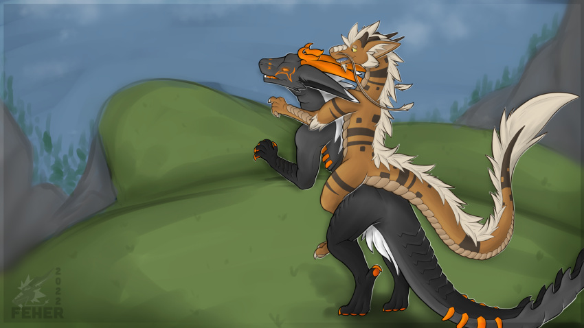 anthro asian_mythology dinosaur dragon dromaeosaurid duo east_asian_mythology eastern_dragon feher feher_(feher) feral fluffy fluffy_ears fluffy_tail glowing glowing_eyes hi_res horn hybrid male male/male mythology noodle_dragon outside reptile ribs riding riding_on_back scales scalie spines theropod whiskers