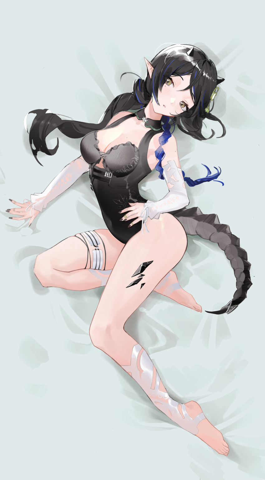 1girl absurdres arknights bangs bare_shoulders bed_sheet black_hair black_nails black_swimsuit blacknight_(arknights) blacknight_(summer_flowers)_(arknights) blue_hair braid breasts brown_eyes casual_one-piece_swimsuit cleavage detached_sleeves full_body hand_on_hip highres horns large_breasts long_hair long_sleeves looking_at_viewer lying medium_breasts mole mole_on_breast mole_under_eye multicolored_hair nail_polish on_bed on_side one-piece_swimsuit oripathy_lesion_(arknights) parted_bangs parted_lips side_braid solo stirrup_legwear swimsuit tail thigh_strap toeless_legwear two-tone_hair zhudouzi