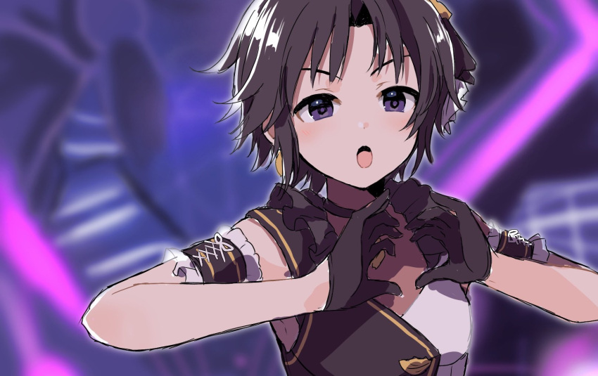 1girl armband bangs black_gloves black_hair blurry blurry_background breasts choker commentary_request dot_nose frilled_vest frills gloves hair_ornament hands_up heart heart_hands highres idolmaster idolmaster_million_live! idolmaster_million_live!_theater_days kikuchi_makoto light_blush looking_away open_mouth purple_eyes short_hair small_breasts solo stage toro_(shiro) two-tone_vest upper_body v-shaped_eyebrows vest