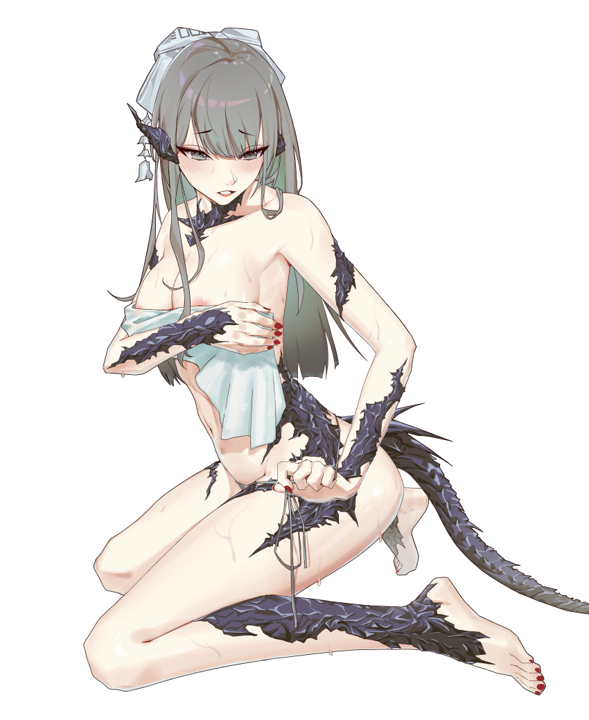 1girl absurdres areola_slip au_ra blush bow collarbone eyeshadow final_fantasy final_fantasy_xiv fingernails grey_bow grey_eyes grey_hair grey_swimsuit hair_bow half-closed_eyes highres holding holding_towel horns long_fingernails long_hair makeup miiro nail_polish navel parted_lips pink_lips red_eyeshadow red_nails scales simple_background solo spikes swimsuit tail teeth toenail_polish toenails towel very_long_fingernails wet white_background