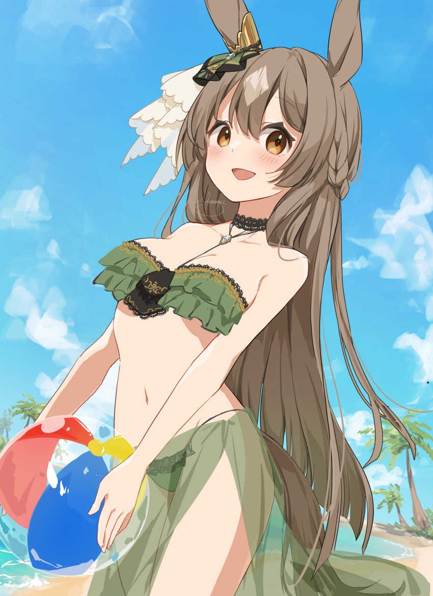 1girl absurdres animal_ears artist_name ball bangs bare_shoulders beach beachball bikini blush braid breasts brown_eyes brown_hair choker cleavage day feet_out_of_frame frilled_bikini frills green_bikini green_sarong hair_between_eyes highres holding holding_ball holding_beachball horse_ears horse_girl horse_tail jewelry long_hair medium_breasts navel necklace nut_megu ocean open_mouth outdoors palm_tree revision sarong satono_diamond_(umamusume) signature smile solo swimsuit tail tree umamusume