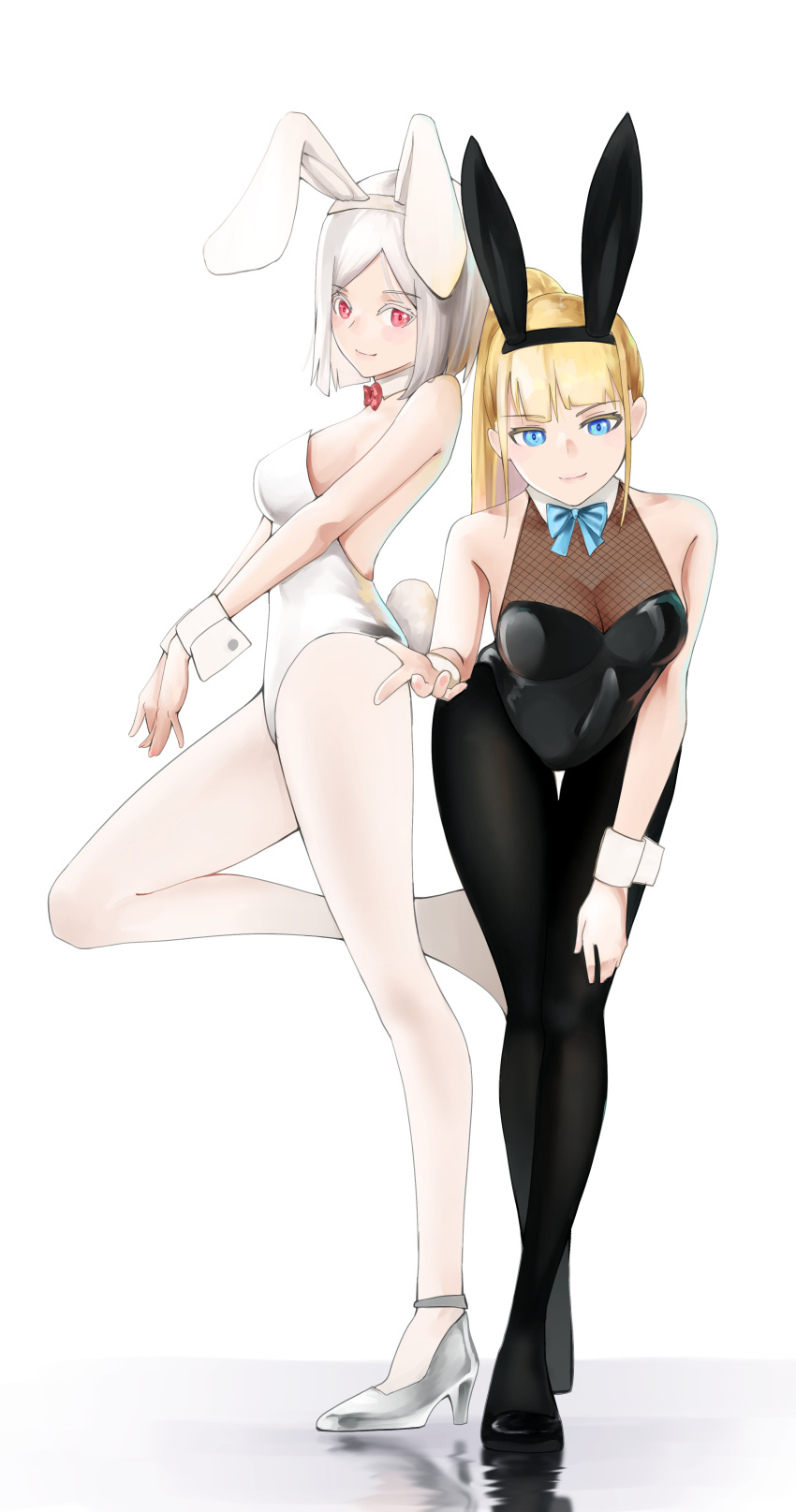 2girls absurdres animal_ears bangs bare_arms black_footwear black_hairband black_leotard black_pantyhose blonde_hair blue_bow blue_bowtie blue_eyes blunt_bangs blush bow bowtie breasts cleavage closed_mouth covered_navel detached_collar fake_animal_ears fake_tail full_body hairband highres leaning_forward leotard long_hair medium_breasts medium_hair multiple_girls original pantyhose parted_bangs playboy_bunny ponytail rabbit_ears rabbit_tail red_bow red_bowtie red_eyes sideboob simple_background smile standing standing_on_one_leg strapless strapless_leotard tail thigh_gap viktorf white_background white_footwear white_hair white_hairband white_leotard white_pantyhose wrist_cuffs