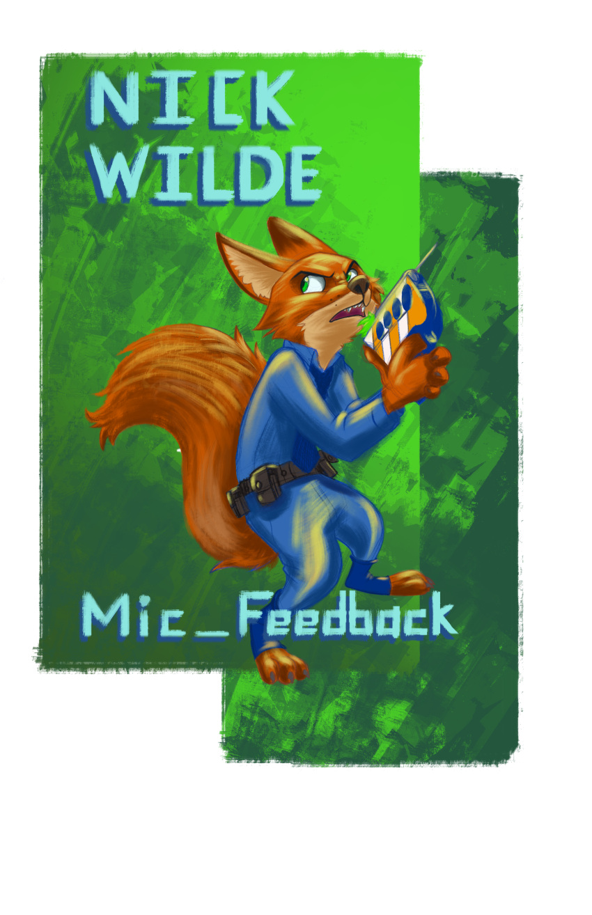 absurd_res anthro armed belt canid canine digital_media_(artwork) disney fox green_background green_eyes hi_res male mammal mattczu nick_wilde simple_background solo text zoo_52 zootopia