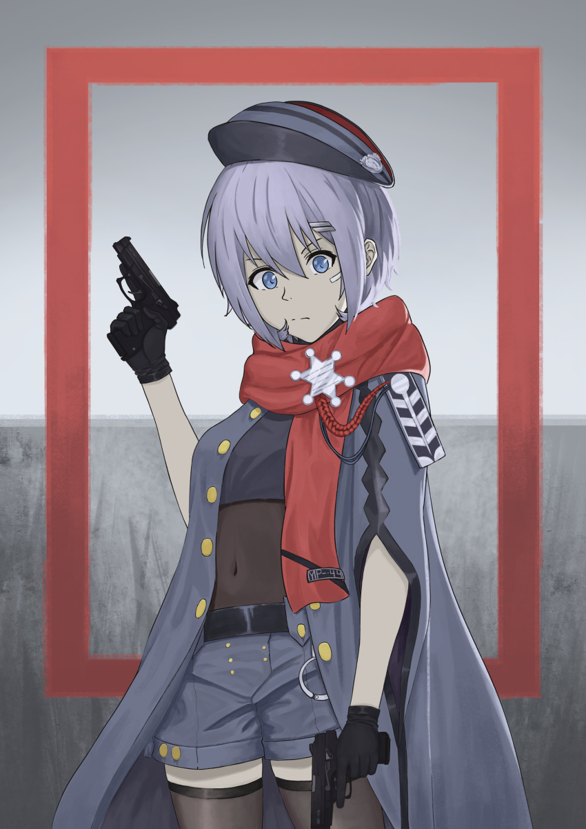 1girl absurdres black_gloves black_thighhighs blue_eyes blue_hair buttons covered_navel cowboy_shot double-breasted dual_wielding girls'_frontline gloves gun hair_ornament hairclip handgun hat highres holding holding_gun holding_weapon looking_at_viewer military_hat mod3_(girls'_frontline) mp-446_(girls'_frontline) mp-446_viking red_scarf scarf short_hair shorts solo spitzernt standing thighhighs thighs trigger_discipline weapon