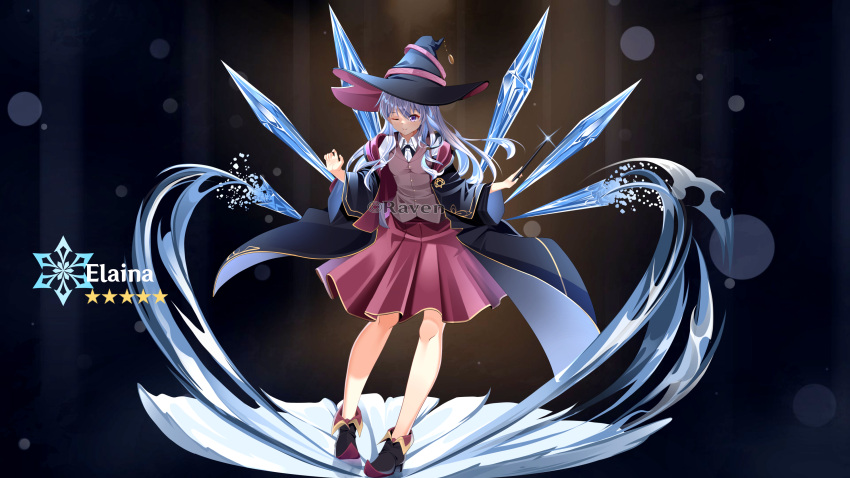 ;) absurdres bare_legs black_footwear blazer cape collared_shirt elaina_(majo_no_tabitabi) genshin_impact hat highres ice icicle jacket long_hair majo_no_tabitabi one_eye_closed pointy_footwear raven_(user_wxen7542) red_skirt shirt skirt smile wand white_hair witch witch_hat