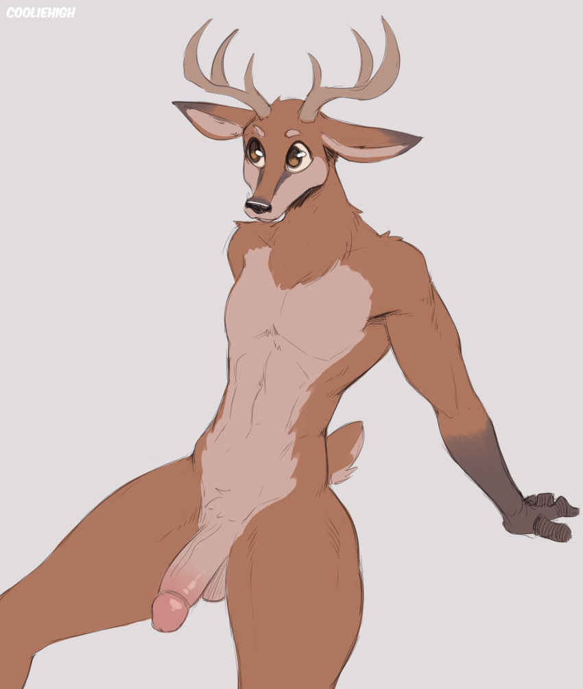 anthro antlers balls brown_body brown_eyes brown_fur cervid cooliehigh countershading fur genitals hi_res horn looking_aside male mammal multicolored_body multicolored_fur nude penis simple_background sitting solo tan_body tan_fur two_tone_body two_tone_fur