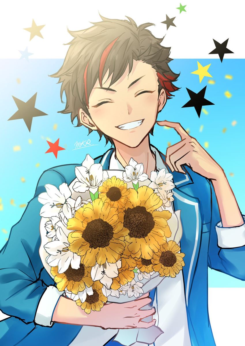 1boy 5boys bishounen black_hair blush bouquet closed_eyes ensemble_stars! flower highres holding holding_bouquet lily_(flower) long_sleeves makura_wet male_focus multicolored_hair multiple_boys nagumo_tetora ryuuseitai_(ensemble_stars!) shirt short_hair sleeve_cuffs smile solo streaked_hair sunflower two-tone_hair white_flower