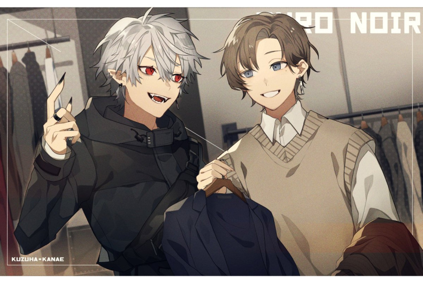 2boys black_nails chronoir ear_piercing earrings grey_eyes grey_hair indoors jewelry kanae_(nijisanji) kiragera kuzuha_(nijisanji) light_brown_hair long_sleeves looking_at_another mole mole_under_eye multiple_boys nail_polish nijisanji open_mouth piercing pointy_ears red_eyes ring short_hair single_earring smile vampire