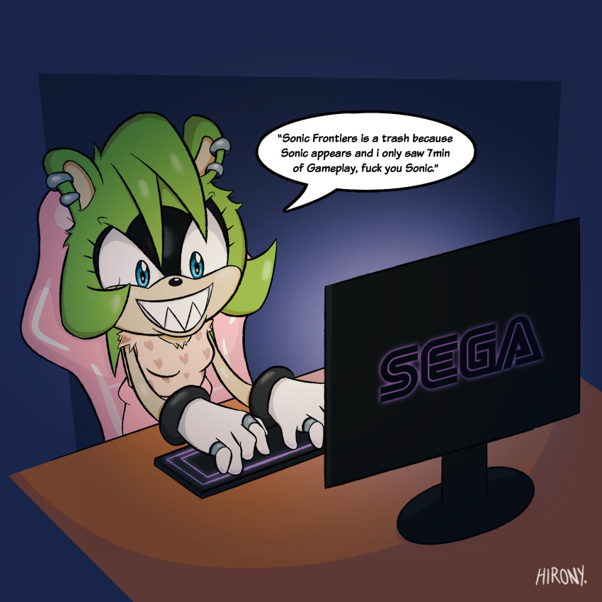 absurd_res accessory afrosoricid animal_humanoid anthro anthro_focus blue_eyes female gaming green_body green_hair hair hi_res hironyboi humanoid idw_publishing mammal mammal_humanoid pink_body playing_videogame sega smile solo sonic_the_hedgehog sonic_the_hedgehog_(comics) sonic_the_hedgehog_(idw) sonic_the_hedgehog_(series) surge_the_tenrec tenrec video_games