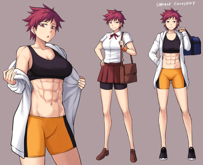 1girl abs bag bike_shorts black_shorts black_sports_bra breasts brown_background brown_bag cleavage collared_shirt highres hood hood_down jacket large_breasts looking_at_viewer multiple_views muscular muscular_female navel orange_shorts original peach_(momozen) purple_hair red_eyes red_ribbon reference_sheet ribbon shion_(peach_momozen) shirt short_hair short_sleeves shorts shoulder_bag simple_background sports_bra tomboy white_jacket white_shirt