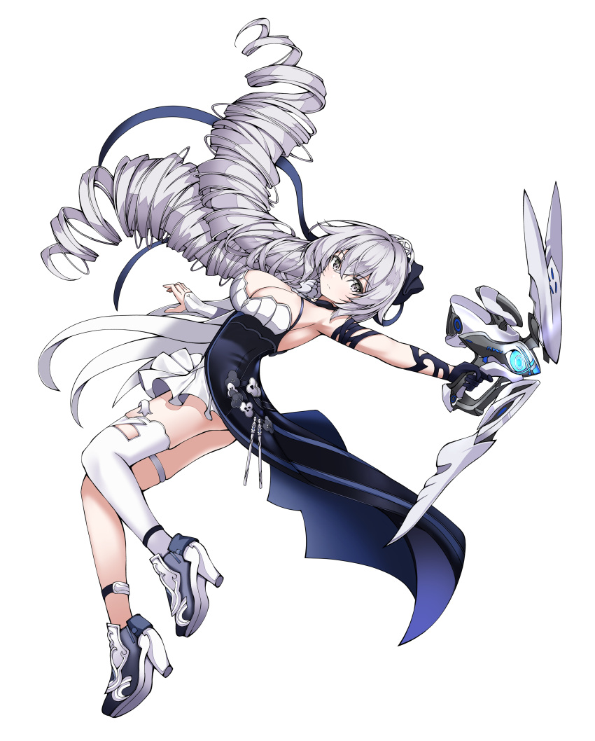 1girl absurdres armpits bangs bare_shoulders black_gloves breasts bronya_zaychik bronya_zaychik_(silverwing:_n-ex) closed_mouth commentary_request dress drill_hair expressionless full_body gloves grey_eyes grey_hair hair_between_eyes high_heels highres holding holding_weapon honkai_(series) honkai_impact_3rd large_breasts long_hair looking_at_viewer shoes simple_background single_thighhigh sleeveless sleeveless_dress solo thigh_strap thighhighs tor_ai weapon white_background