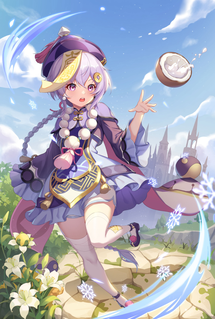 1girl absurdres ankle_strap bead_necklace beads blue_sky braid castle child chinese_clothes clear_sky cloud coconut coin_hair_ornament commentary_request dot_nose dress flower frilled_dress frilled_sleeves frills full_body genshin_impact hair_ornament hat highres jewelry jiangshi long_sleeves low_ponytail minamiichi_minami necklace ofuda open_mouth orb outdoors pink_eyes purple_hair qing_guanmao qiqi_(genshin_impact) ribbon shadow short_shorts shorts sidelocks sky snowflakes solo standing tassel teeth thighhighs upper_teeth vision_(genshin_impact) white_thighhighs wide_sleeves yen yin_yang yin_yang_orb zettai_ryouiki