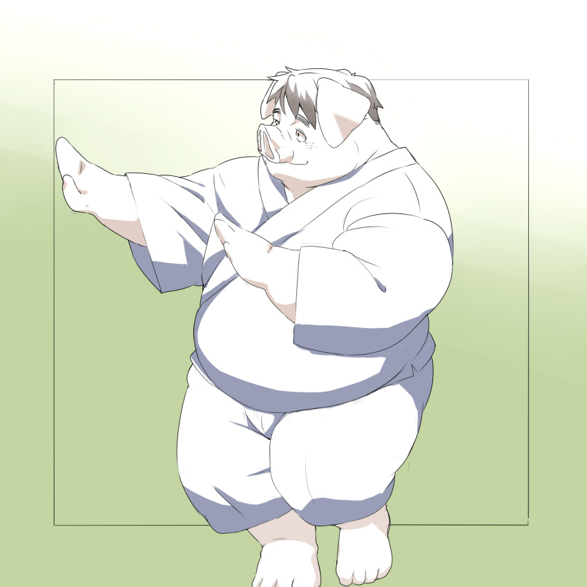 2022 anthro asian_clothing belly big_belly clothing dancing domestic_pig east_asian_clothing hi_res inunoshippo japanese_clothing kemono male mammal overweight overweight_male solo suid suina sus_(pig)