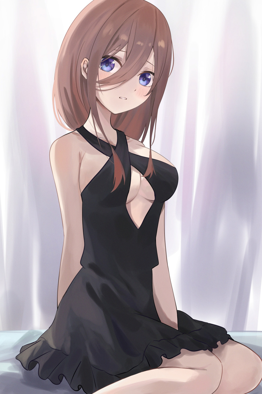 1girl 63ponzu absurdres arm_behind_back bare_shoulders bed bedroom black_dress blue_eyes blush breasts brown_hair cleavage cleavage_cutout clothing_cutout collarbone dress go-toubun_no_hanayome highres knees large_breasts legs long_hair looking_at_viewer nakano_miku no_bra ponzu_pon9 sitting solo