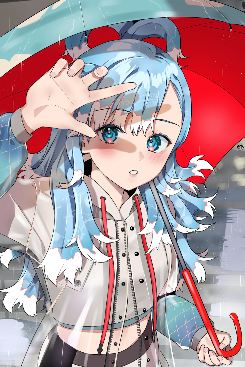 1girl absurdres arm_up bangs blue_eyes blue_hair blush hievasp highres holding holding_umbrella hololive hololive_indonesia hood hoodie jacket kobo_kanaeru long_hair long_sleeves multicolored_hair parted_lips rain see-through see-through_jacket solo streaked_hair umbrella upper_body virtual_youtuber white_hair white_hoodie zipper