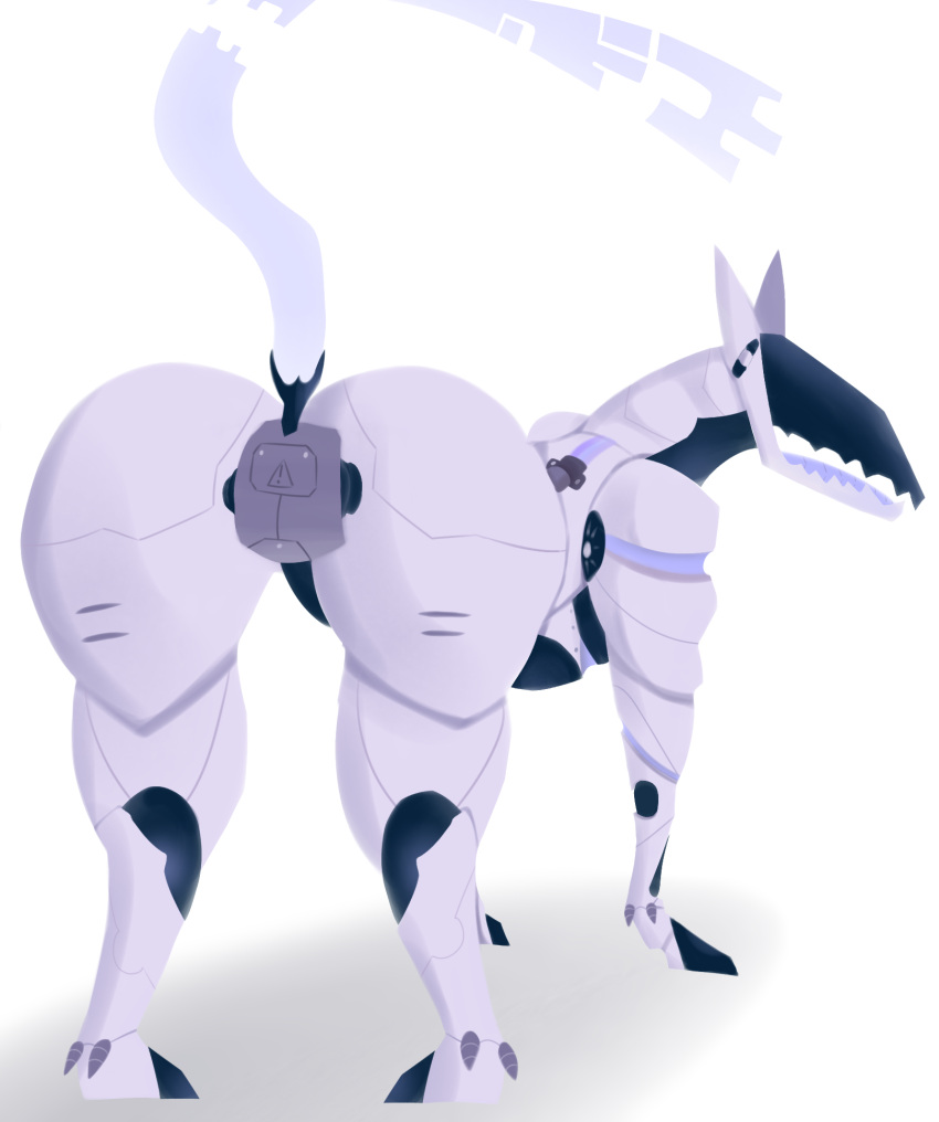 4_legs alpha_channel ambiguous_gender big_butt black_and_blue butt canid canine feral hi_res joints living_machine machine mageinthedark male_(lore) mammal metal metallic_body monochrome open_mouth presenting presenting_hindquarters raised_tail robot simple_background solo transparent_background warning warning_symbol