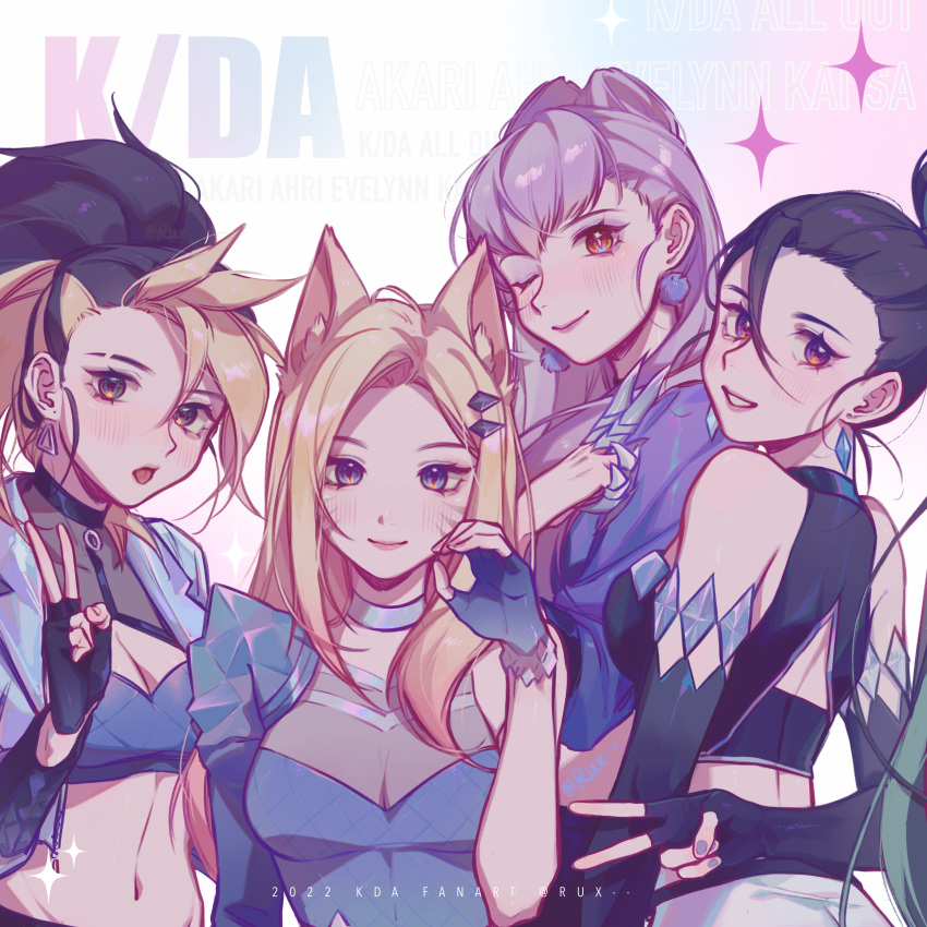 4girls absurdres ahri_(league_of_legends) akali artist_name bangs bare_shoulders black_hair blonde_hair blush breasts character_name detached_sleeves earrings elbow_gloves evelynn_(league_of_legends) facial_mark fingerless_gloves from_behind gloves grey_background grin hair_ornament hand_up highres jewelry k/da_(league_of_legends) k/da_all_out_ahri k/da_all_out_akali k/da_all_out_evelynn k/da_all_out_kai'sa kai'sa large_breasts league_of_legends long_hair medium_hair multiple_girls nail_polish one_eye_closed open_mouth pink_hair ponytail ruan_chen_yue shiny shiny_clothes shiny_hair skirt smile teeth tongue tongue_out upper_body v watermark whisker_markings