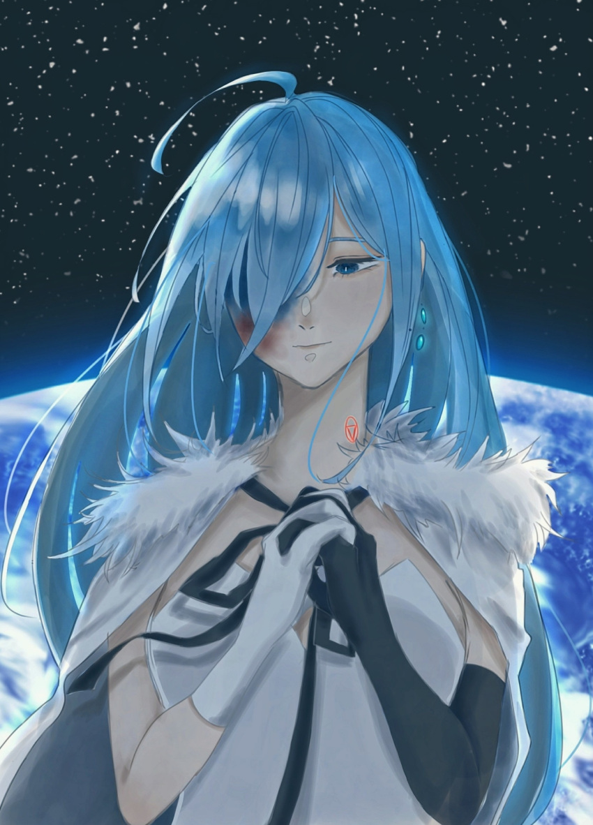 1girl ahoge android asymmetrical_gloves blue_eyes blue_hair bruise earth_(planet) elbow_gloves facing_viewer fur_trim gloves hair_over_one_eye highres injury long_hair mismatched_gloves own_hands_together planet sky space star_(sky) starry_sky upper_body vi_1017 vivy vivy:_fluorite_eye's_song