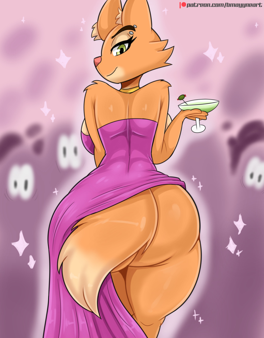 2022 anthro back_boob beverage bmayyneart bottomless breasts butt canid canine clothed clothing diane_foxington dipstick_tail dreamworks dress eyebrow_piercing facial_piercing female food fox fruit fur glass hi_res inner_ear_fluff looking_at_viewer looking_back looking_back_at_viewer mammal markings olive_(fruit) orange_body orange_fur piercing plant purple_clothing purple_dress smile smiling_at_viewer solo sparkles tail_markings the_bad_guys tuft yellow_eyes