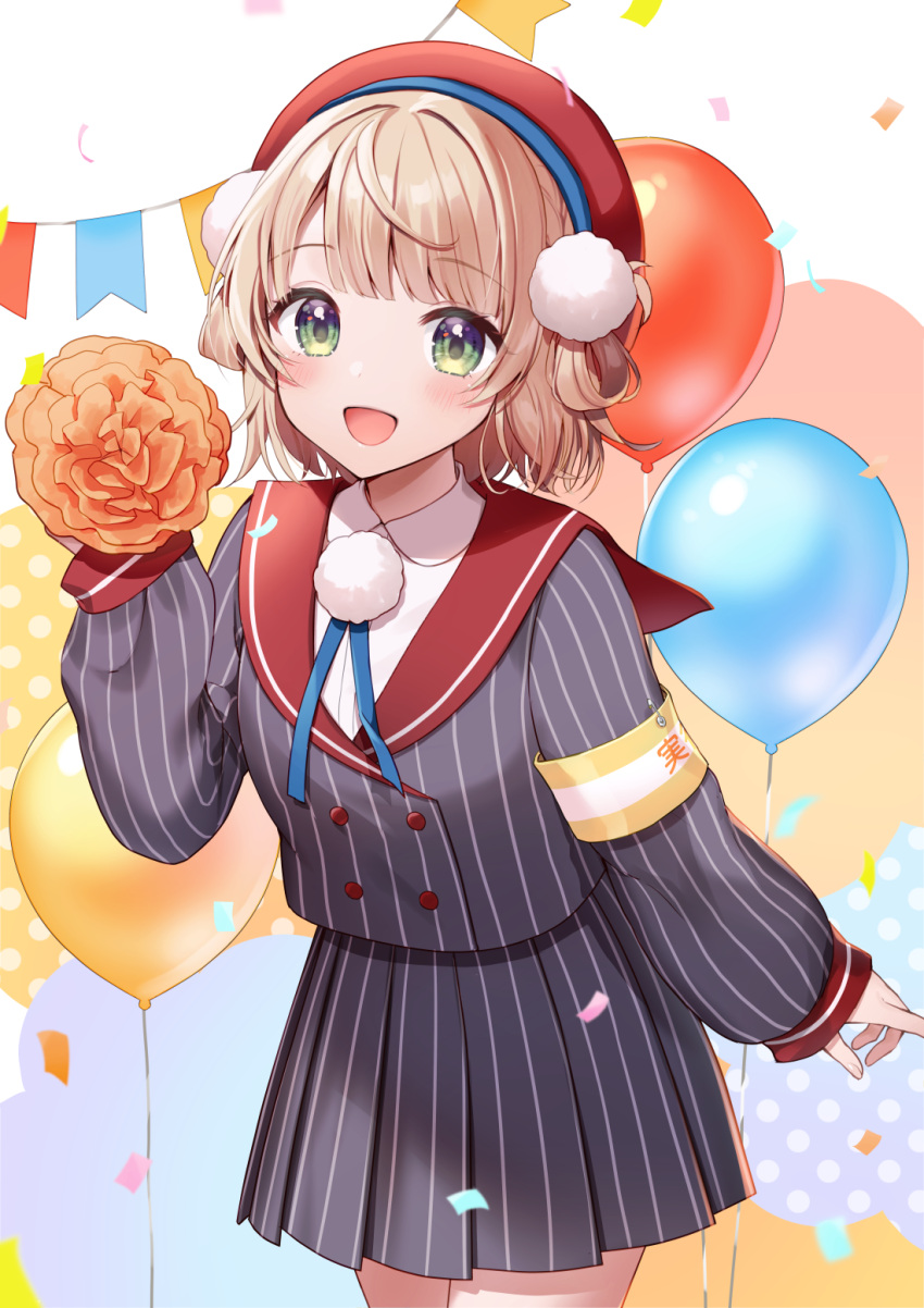 1girl :d arm_at_side armband balloon bangs beret blush collared_shirt commentary_request confetti cowboy_shot green_eyes grey_jacket grey_skirt hand_up hat highres indie_virtual_youtuber jacket light_brown_hair long_hair long_sleeves looking_at_viewer momoshiki_tsubaki pleated_skirt pom_pom_(clothes) puffy_long_sleeves puffy_sleeves red_headwear safety_pin shigure_ui_(vtuber) shirt short_hair simple_background skirt sleeves_past_wrists smile solo string_of_flags striped striped_jacket striped_skirt vertical-striped_jacket vertical-striped_skirt vertical_stripes virtual_youtuber white_background white_shirt