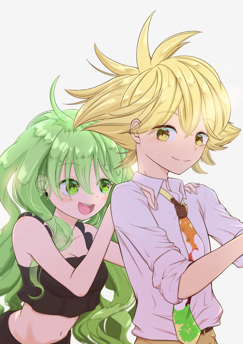 1boy 1girl :d belt blonde_hair blush breasts brother_and_sister cleavage crop_top green_eyes green_hair hair_between_eyes hands_on_shoulders highres midriff necktie otogami_mimin pants pppppp shirt siblings simple_background sleeves_rolled_up small_breasts smile sonoda_lucky spiked_hair wavy_hair white_background white_shirt yellow_eyes yukeyf