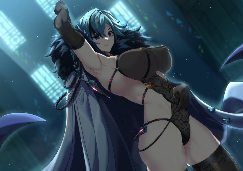 1girl absurdres arlecchino_(genshin_impact) arm_behind_head arm_up armpits backlighting bangs bare_shoulders black_gloves black_hair black_leotard black_thighhighs breasts coat coat_on_shoulders elbow_gloves fur-trimmed_coat fur_trim genshin_impact gloves grey_eyes grey_hair hair_between_eyes highleg highleg_leotard highres large_breasts leotard looking_at_viewer multicolored_hair red_pupils short_hair smile solo streaked_hair symbol-shaped_pupils thighhighs thighs torahime_(roland00) white_coat x-shaped_pupils