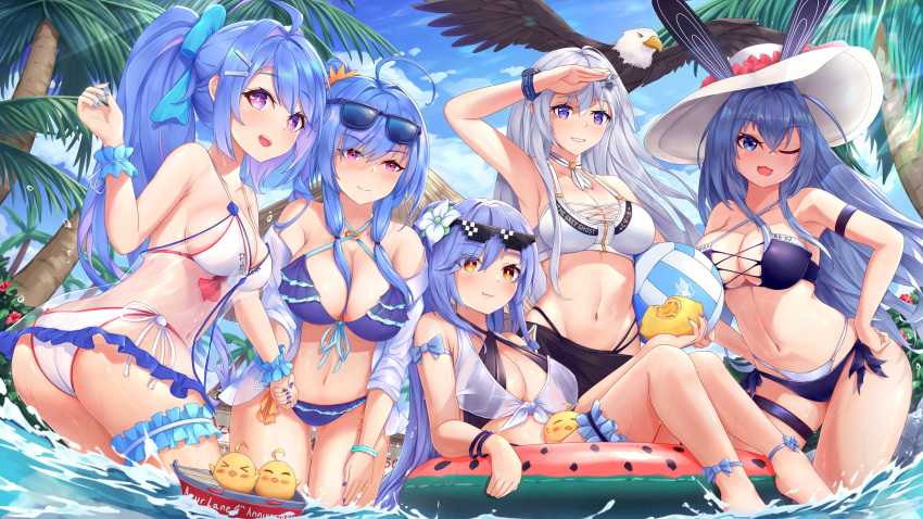 5girls absurdres alternate_costume azur_lane bikini breasts cleavage day eagle_union_(emblem) english_commentary enterprise_(azur_lane) essex_(azur_lane) food_print grim_(azur_lane) helena_(azur_lane) highres innertube kyl490 long_hair manjuu_(azur_lane) multiple_girls new_jersey_(azur_lane) palm_tree partially_submerged st._louis_(azur_lane) swimsuit tree volleyball watermelon_print