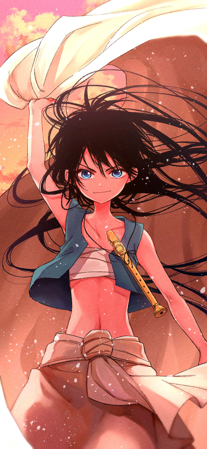 1boy absurdres aladdin_(magi) black_hair blue_eyes blue_shirt child cloud cloudy_sky commentary_request easy-0426 evening flute highres holding instrument long_hair looking_at_viewer magi_the_labyrinth_of_magic male_child male_focus midriff multiple_sources navel orange_sky outdoors shirt sky solo