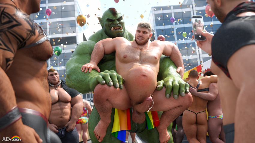 16:9 3d_(artwork) abdominal_bulge ad-games anal anal_penetration belly_inflation bodily_fluids cum digital_media_(artwork) flag genital_fluids genitals green_body green_skin group hi_res holding_flag holding_object human humanoid inflation leaking_cum lgbt_history_month lgbt_pride male male/male mammal nipples orc penetration penis phone phone_screen pride_color_flag pride_colors rainbow rainbow_arch rainbow_pride_colors six-stripe_rainbow_pride_colors vein veiny_muscles wearing_flag widescreen