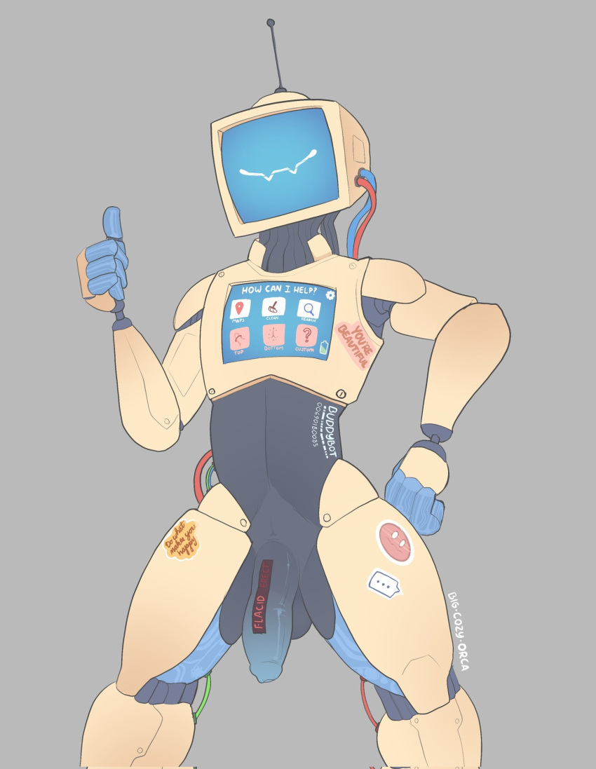4_fingers anthro balls bigcozyorca english_text fingers flaccid genitals gesture hi_res humanoid machine male not_furry penis robot robot_humanoid screen screen_face simple_background smile solo text thumbs_up wire