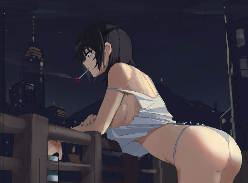 1girl absurdres arm_rest ass black_hair black_nails breasts can chainsaw_man cigarette crop_top eyepatch from_side green_eyes grey_panties highres himeno_(chainsaw_man) holding holding_can jaws_(okdol0928) leaning_forward medium_breasts night night_sky outdoors panties patio profile railing shirt short_hair sky smoke smoking solo strap_slip tank_top underwear white_shirt