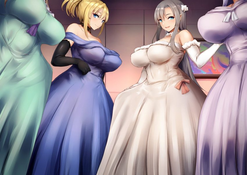 4girls black_gloves blonde_hair blue_dress blue_eyes breasts closed_mouth dress elbow_gloves futanari gloves green_dress grey_hair hair_ornament implied_futanari large_breasts long_hair multiple_girls open_mouth original ponytail sexually_suggestive sidelocks smile standing strapless strapless_dress ubanis white_dress white_gloves