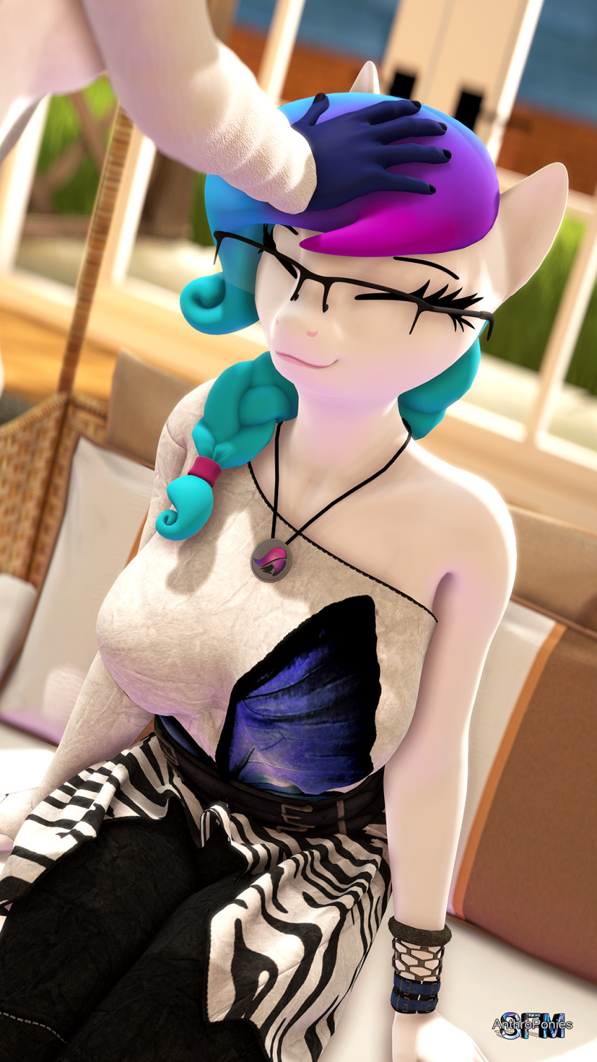 anthro anthroponiessfm aurora_starling blue_body blue_fur blue_hair bracelet braided_hair braided_ponytail clothing earth_pony equid equine eyes_closed eyewear fan_character fur glasses gradient_hair hair happy hasbro head_pets hi_res horse jewelry mammal midnight_music my_little_pony neckalce petting_head pony ponytail purple_hair sweater topwear white_body white_fur